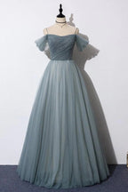 A-Line Off The Shoulder Grey Tulle Prom Dress Evening Dress