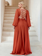 Chiffon A Line Princess Bridesmaid Dress V Neck Long Sleeves Floor Length Split
