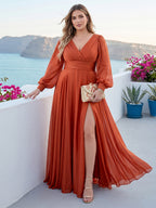 Chiffon A Line Princess Bridesmaid Dress V Neck Long Sleeves Floor Length Split