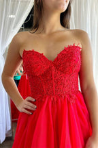 A-Line Red Sweetheart Corset Ruffle Prom Dress Formal Gown