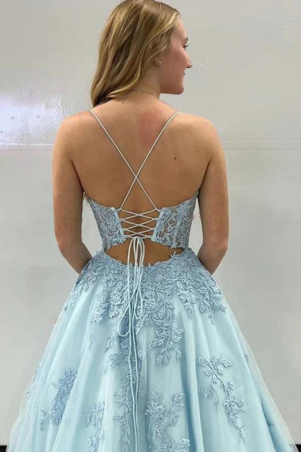 A-Line Spaghetti Straps Corset Back long Prom Dress With Appliques