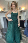 A-Line Spaghetti Straps Tulle Dark Green Long Prom Dress