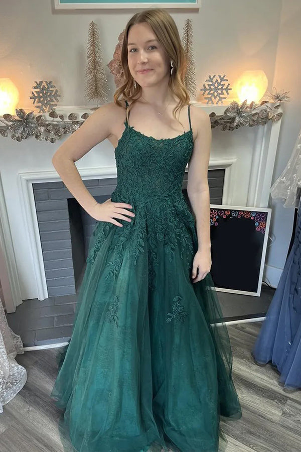 A-Line Spaghetti Straps Tulle Dark Green Long Prom Dress