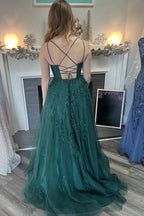 A-Line Spaghetti Straps Tulle Dark Green Long Prom Dress