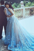 A-Line Square Chapel Train Sleeveless Blue Tulle Wedding Dress