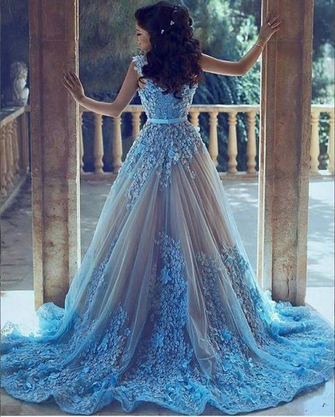 A-Line Square Chapel Train Sleeveless Blue Tulle Wedding Dress