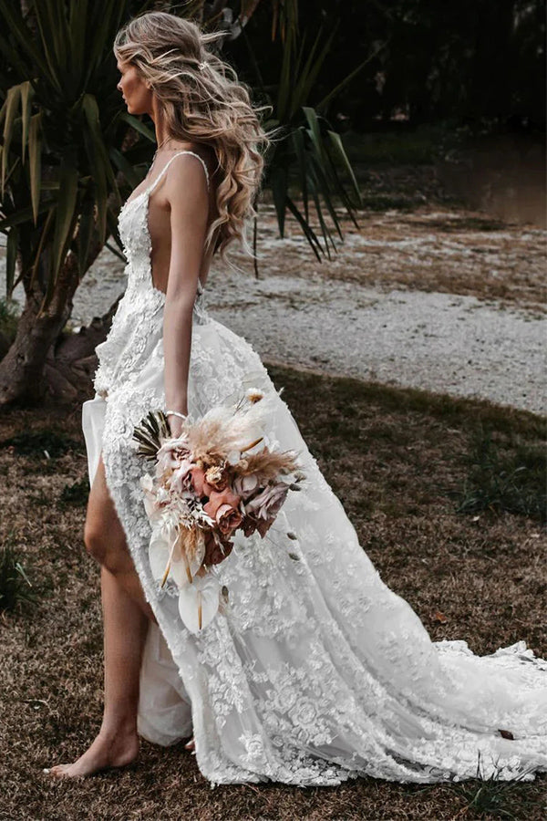 A-Line Straps Lace Beach Wedding Dress Boho Bridal Gown With Split