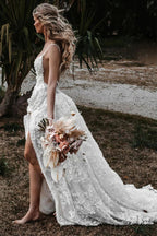 A-Line Straps Lace Beach Wedding Dress Boho Bridal Gown With Split