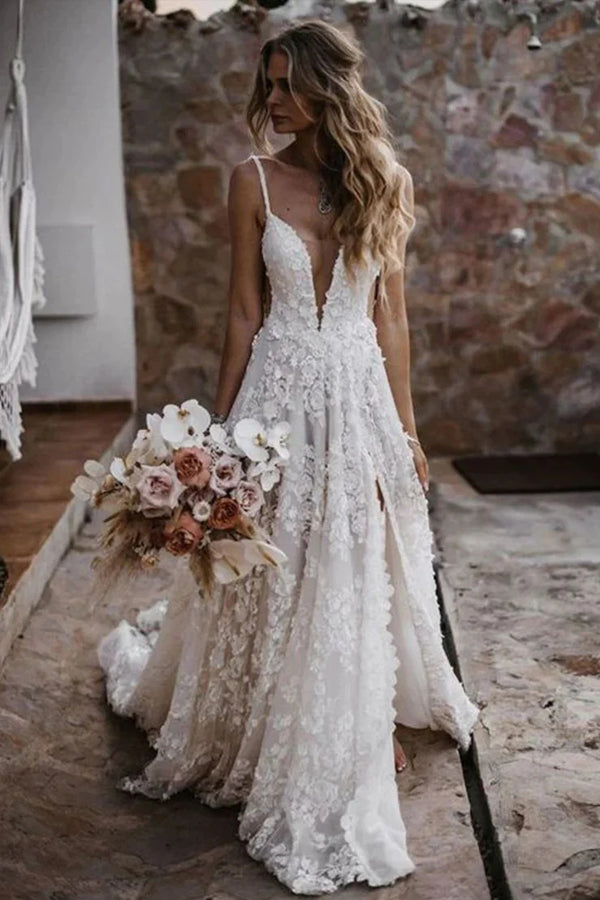 A-Line Straps Lace Beach Wedding Dress Boho Bridal Gown With Split