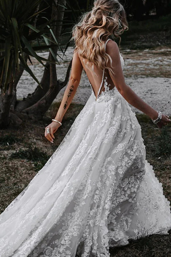 A-Line Straps Lace Beach Wedding Dress Boho Bridal Gown With Split