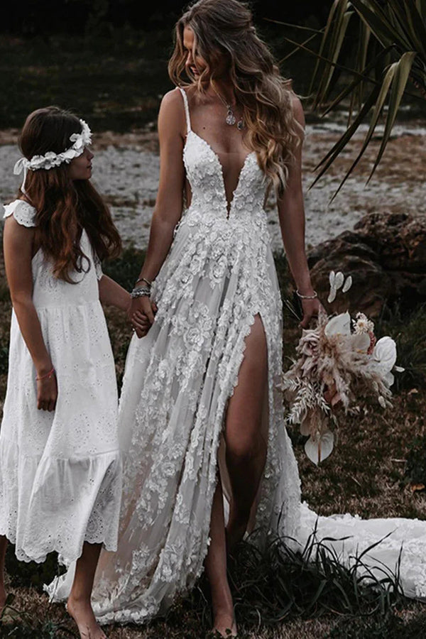 A-Line Straps Lace Beach Wedding Dress Boho Bridal Gown With Split