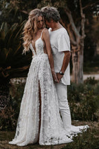 A-Line Straps Lace Beach Wedding Dress Boho Bridal Gown With Split