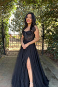 A-Line Sweetheart Neck Black Lace Long Prom Dress Formal Dress