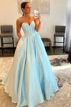 A-Line Sweetheart Strapless Blue Long Prom Dress Formal Gown