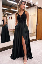 A-Line V-Neck Black Long Prom Dress With Pockets