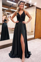 A-Line V-Neck Black Long Prom Dress With Pockets