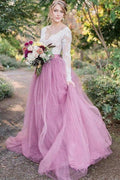 A-Line V-Neck Long Sleeves Pink Tulle Wedding Dress with Lace Appliques