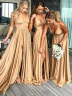 A-Line V-Neck Sweep Train Straw Spandex Prom Party Dress with Split PG658