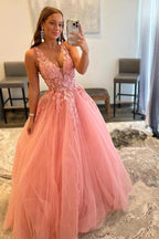 A-Line V Neck Tulle Appliques Blush Pink Prom Dress with Slit