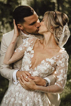 A-line Long Sleeves Wedding Dresses Lace V Neckline Bridal Gowns
