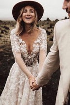 A-line Long Sleeves Wedding Dresses Lace V Neckline Bridal Gowns