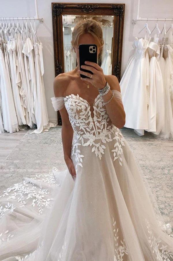 A-line Off-the-Shoulder Wedding Dresses With Lace Appliques Bridal Gown