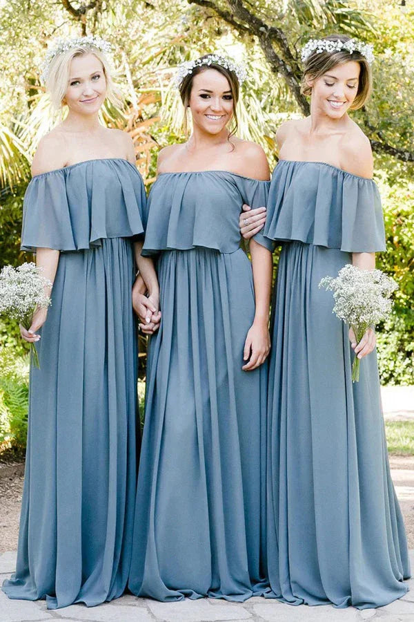 Vestido de Dama de Honor Plisado con Volantes y Hombros Descubiertos en Azul Grisáceo BD137