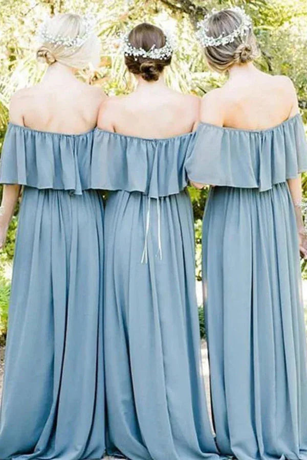 Vestido de Dama de Honor Plisado con Volantes y Hombros Descubiertos en Azul Grisáceo BD137