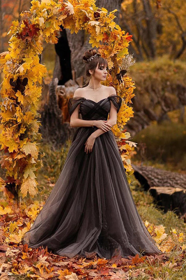 A-line Off Shoulder Simple Black Forest Wedding Dresses