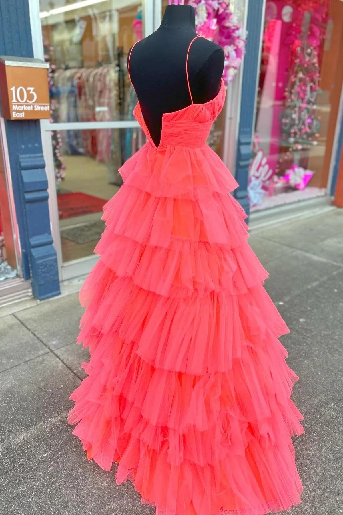 A-line Red Layers Plunging V Neck Long Prom Dress