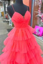 A-line Red Layers Plunging V Neck Long Prom Dress