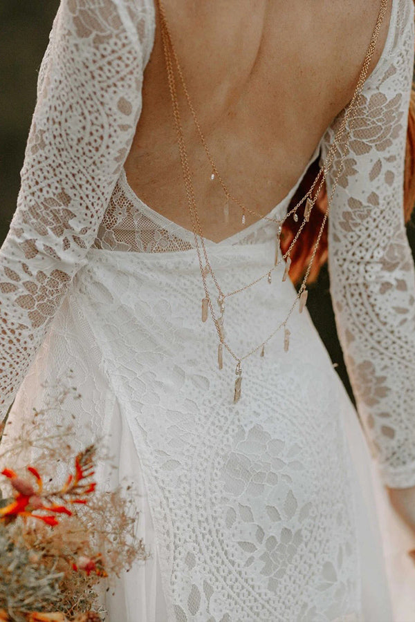 A-line Scoop Neck Backless Long Sleeves Beach Wedding Dresses