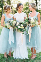 A-line Square High Low Tulle Beaded Simple Bridesmaid Dresses BD111