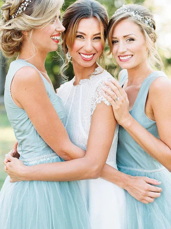 A-line Square High Low Tulle Beaded Simple Bridesmaid Dresses BD111