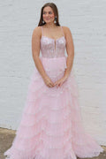 A-line Straps Plunging Neck Pink Sequin Lace Prom Dresses