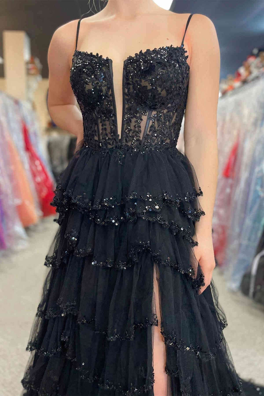A-line Straps Plunging Neck Pink Sequin Lace Prom Dresses