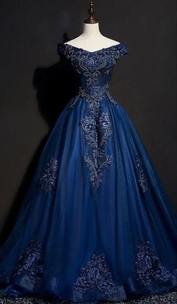 Único fora do ombro tule lantejoulas apliques vestido de baile azul marinho uma linha vestido de noite y8377