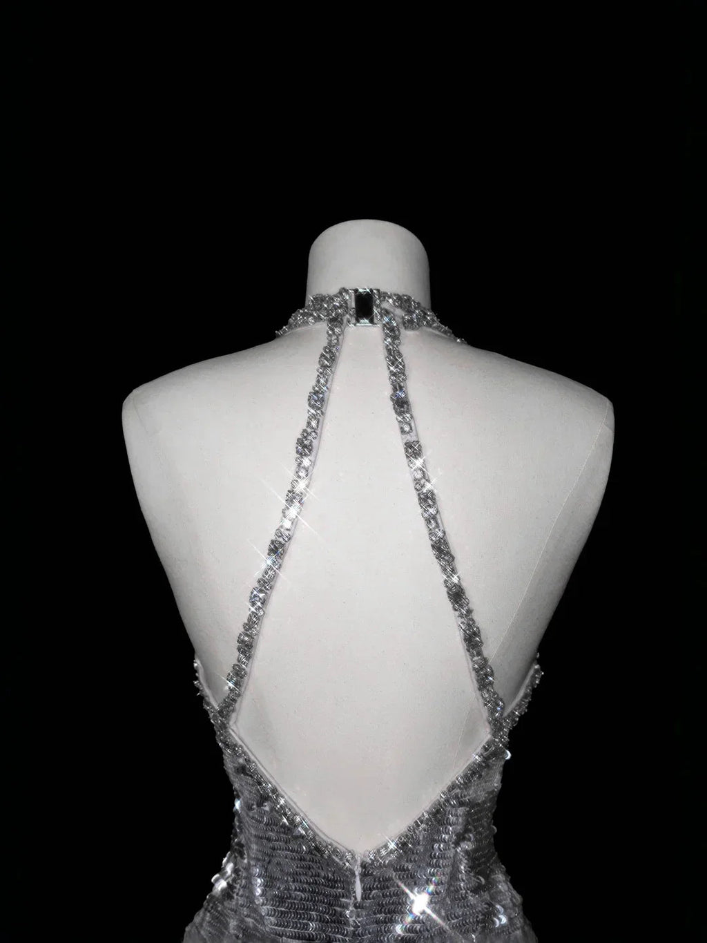 Vestido de noche escotado en V profundo plateado brillante con lentejuelas, cuentas y espalda descubierta, vestido de sirena para baile de graduación Y8687