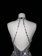 Vestido de noche escotado en V profundo plateado brillante con lentejuelas, cuentas y espalda descubierta, vestido de sirena para baile de graduación Y8687