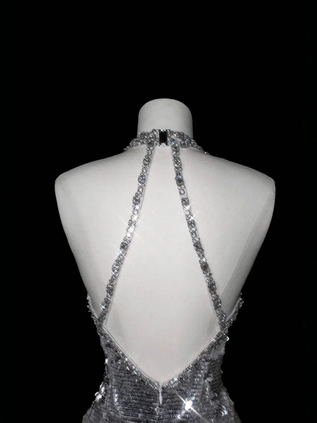 Vestido de noche escotado en V profundo plateado brillante con lentejuelas, cuentas y espalda descubierta, vestido de sirena para baile de graduación Y8687