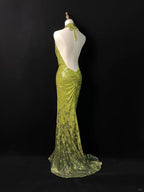 Hermoso vestido largo de fiesta verde con lentejuelas, sin espalda, estilo sirena Y8647