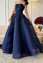 Magnifique robe de bal bleu marine sans bretelles à appliques, coupe évasée, robe de soirée Y8274