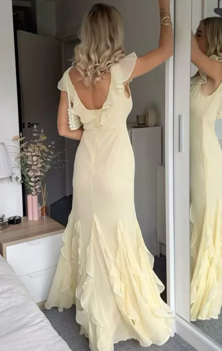 Vestido de noite longo amarelo elegante em chiffon com folhos e corte sereia Y8073