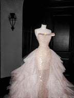 Hermoso vestido largo de fiesta y noche con lentejuelas y cuentas de tul champán ajustado Y8658