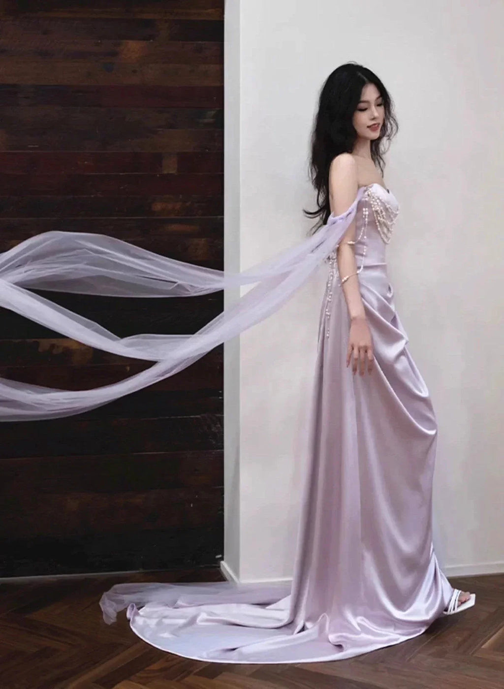 Vestido de noite longo de cetim roxo claro vestido de baile Y8312