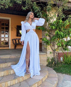 Vestido longo de noite feminino com decote em V, mangas compridas bufantes e fenda Y5999