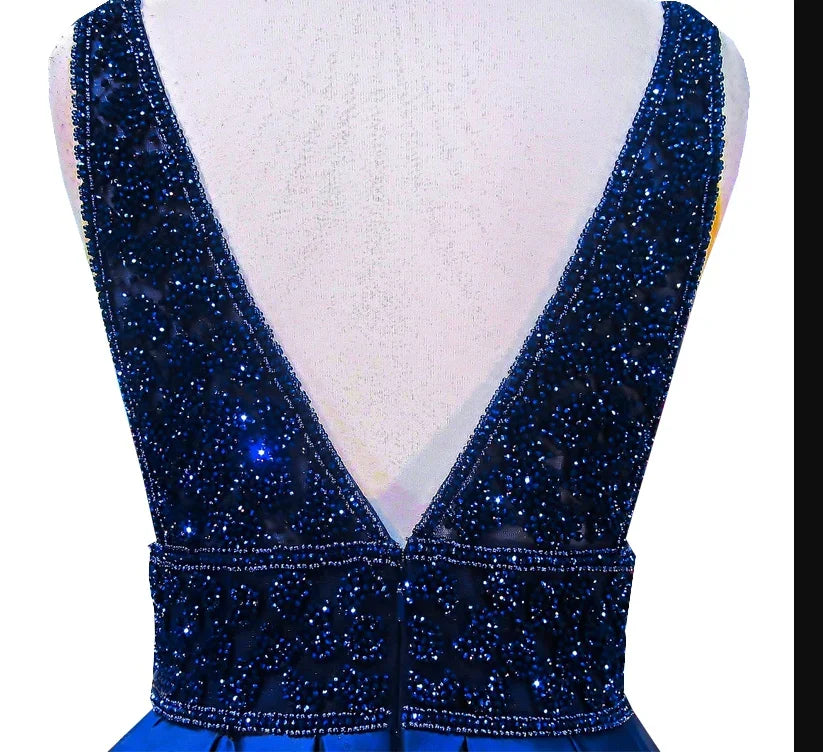 Robe longue de soirée pour femme bleu marine col en V sans manches dos ouvert ornée de perles robe de soirée formelle Y1193
