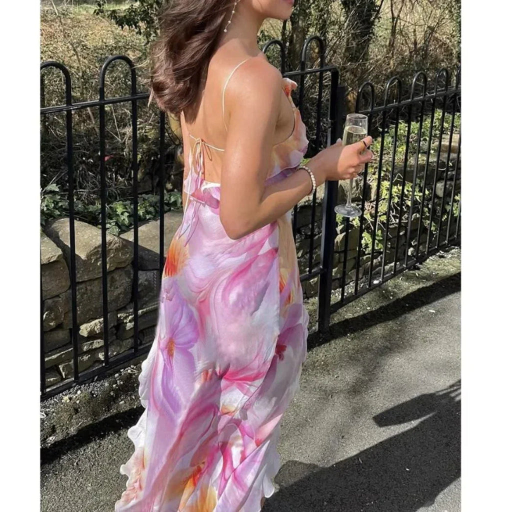 Beautiful Ruffle Graphic Floral Print Low Backless Long Prom Dress Slit Party Evening Dress Y8099