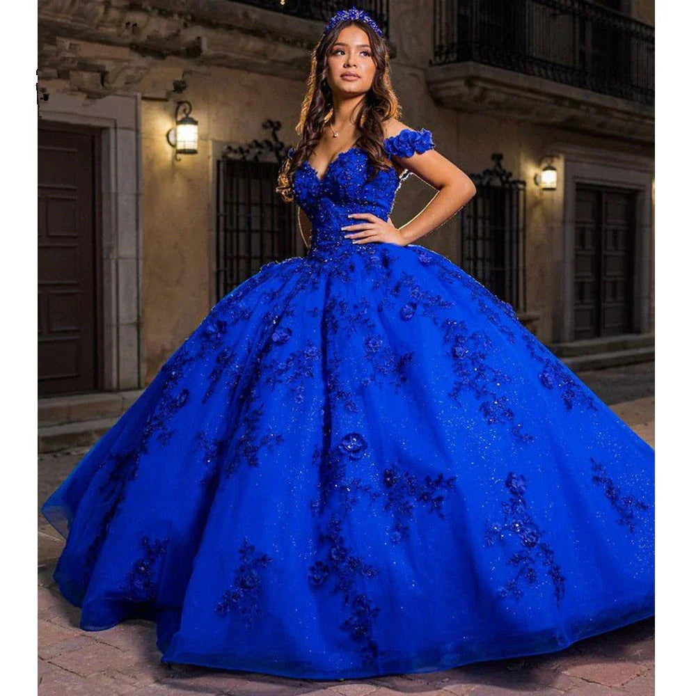 Vestidos de Azul Real para Quinceanera para Doce 15 Anos Vestido de Baile Bufante com Ombros Descobertos Y2726