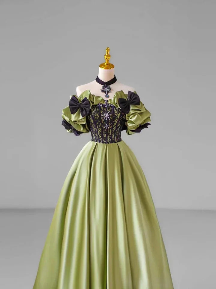 Chic Green Bow Lace Beaded Satin Prom Dress Off-The-Shoulder Ball Gown Y7745